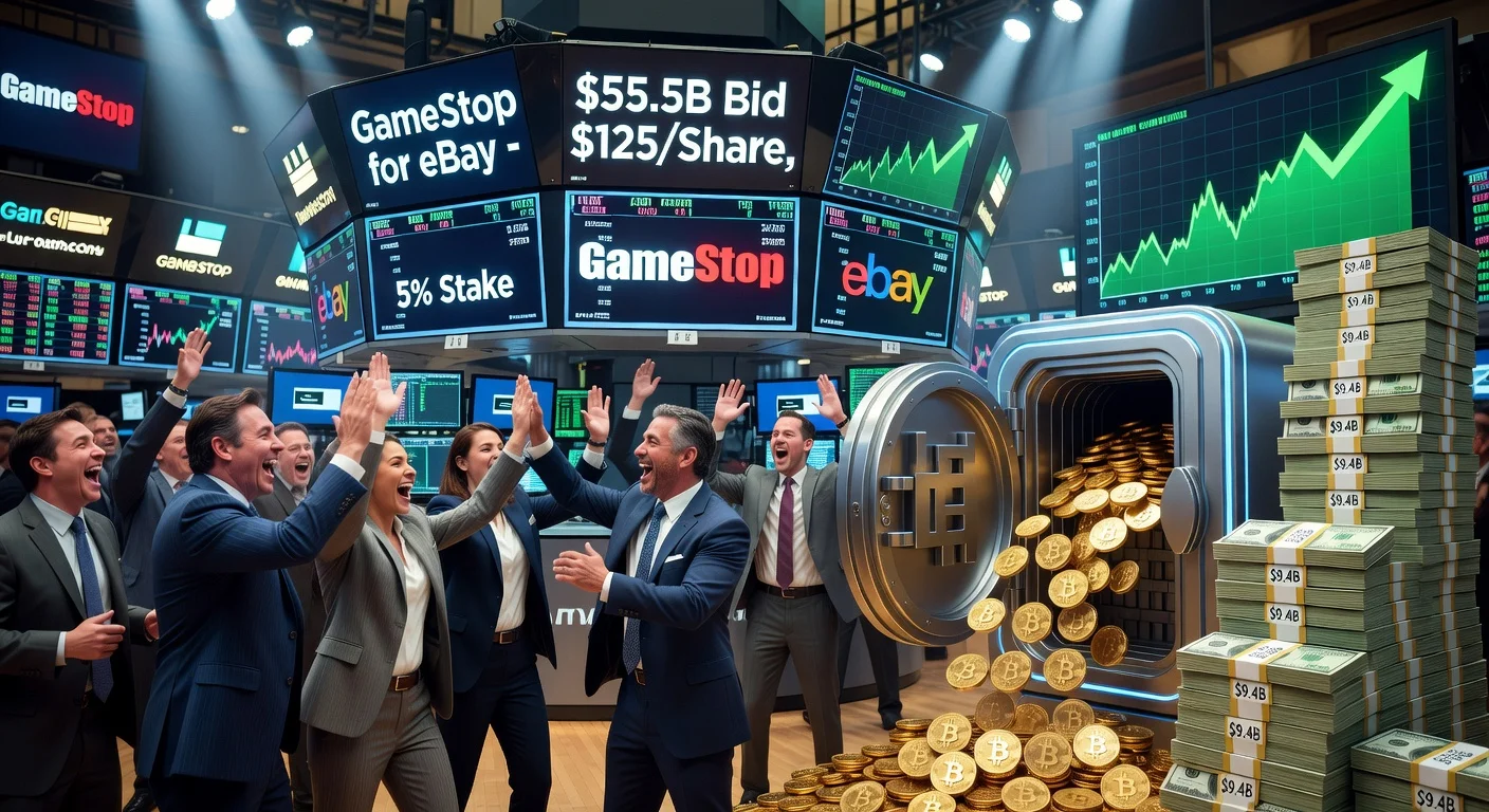 Wall Street traders celebrate GameStop's $55.5 billion eBay acquisition bid featuring bitcoin funding.