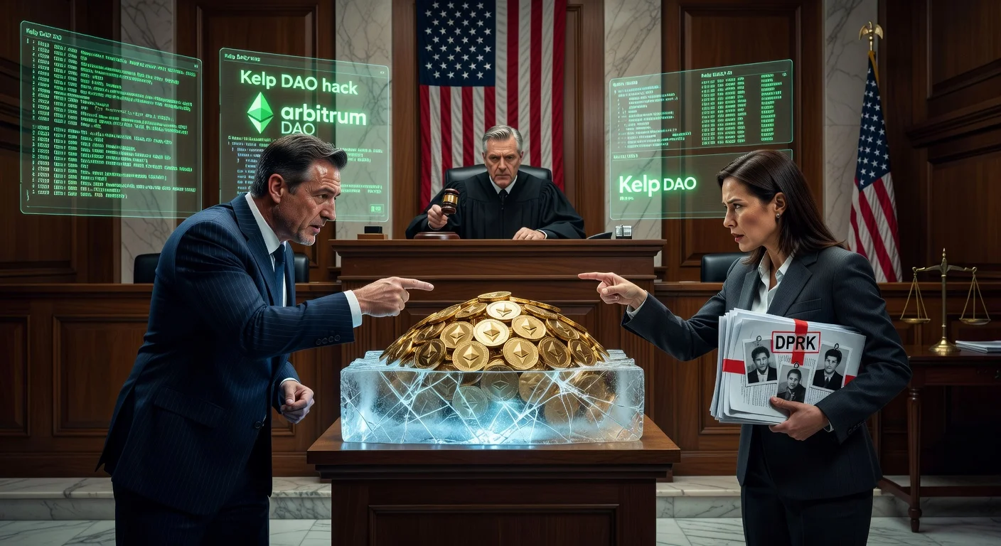 Dramatic courtroom scene depicting lawyers arguing over frozen Ethereum coins from Kelp DAO hack amid terrorism claims.