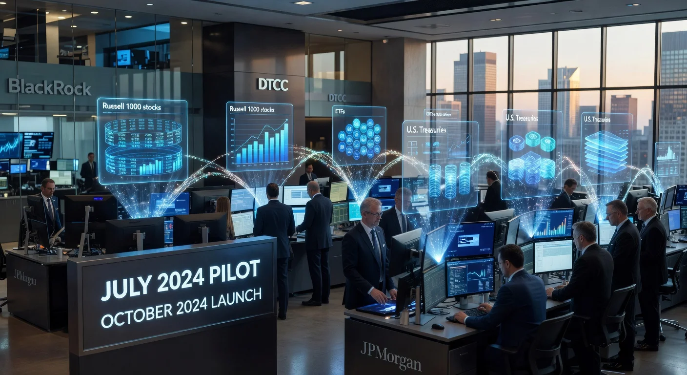DTCC trading floor with holographic tokenized securities, blockchain links, and launch timeline calendar.