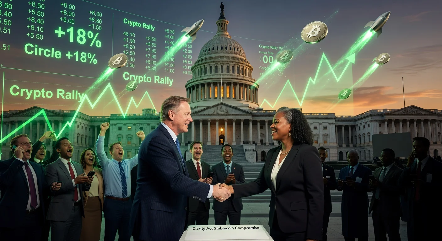 Senators Tillis and Alsobrooks compromise on Clarity Act as crypto markets rally with Circle shares surging 18%, illustrated with Capitol, stock tickers, and rising charts.