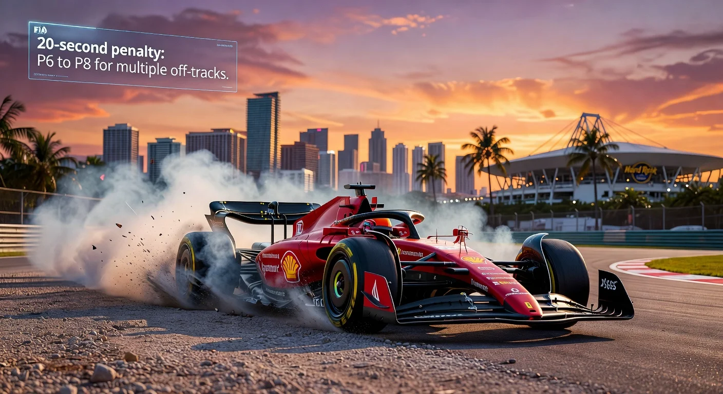 Charles Leclerc's damaged Ferrari F1 car spins off-track at Miami GP Turn 3, with FIA penalty overlay dropping him from 6th to 8th.