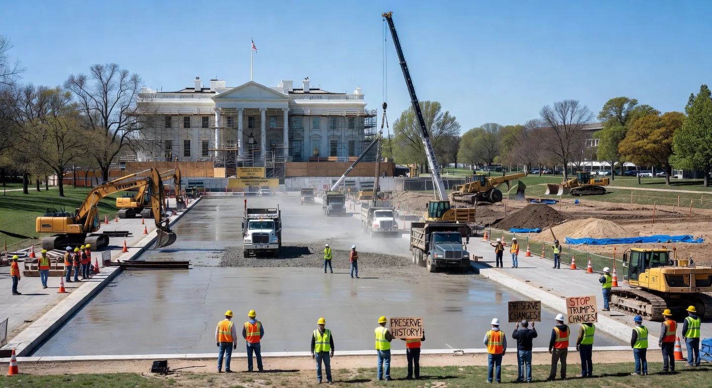Aerial view of Washington D.C. landmarks under renovation: Lincoln Memorial Reflecting Pool resurfacing, White House ballroom construction, new monuments, with protesters amid Trump's projects.
