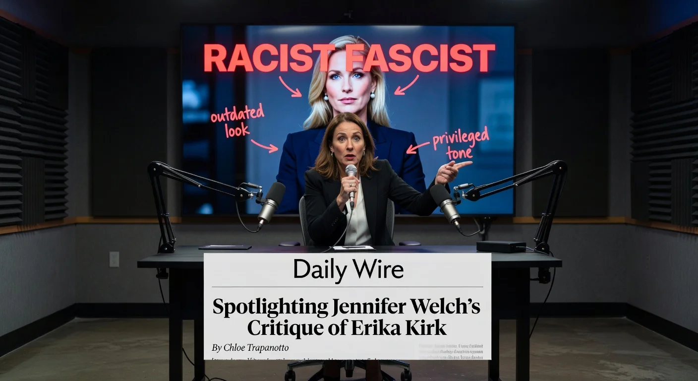 Illustration depicting podcast host Jennifer Welch mocking Erika Kirk on her show, as criticized in a Daily Wire opinion piece.