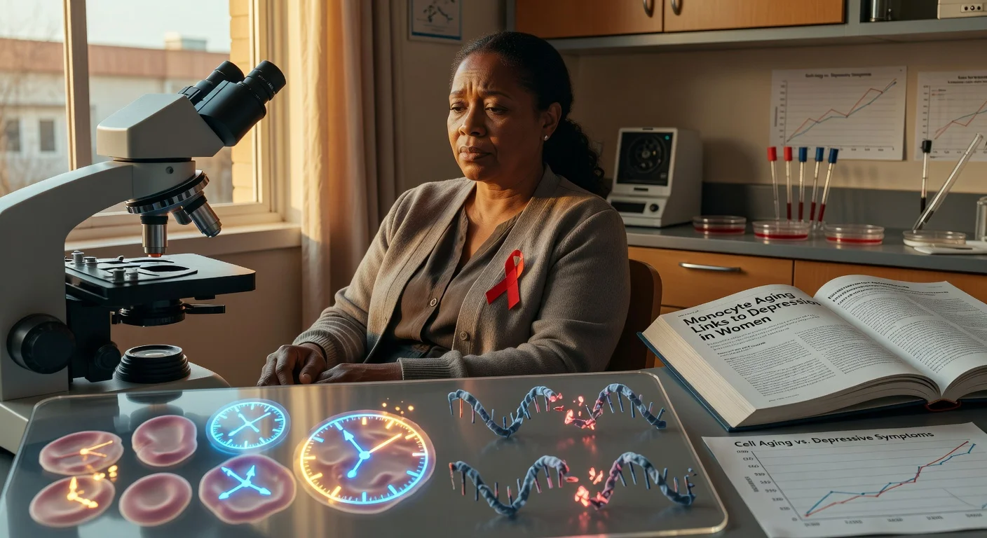 Illustration of a woman with depression symptoms overlaid with microscopic view of aging monocytes in blood, linking to study on women with and without HIV.