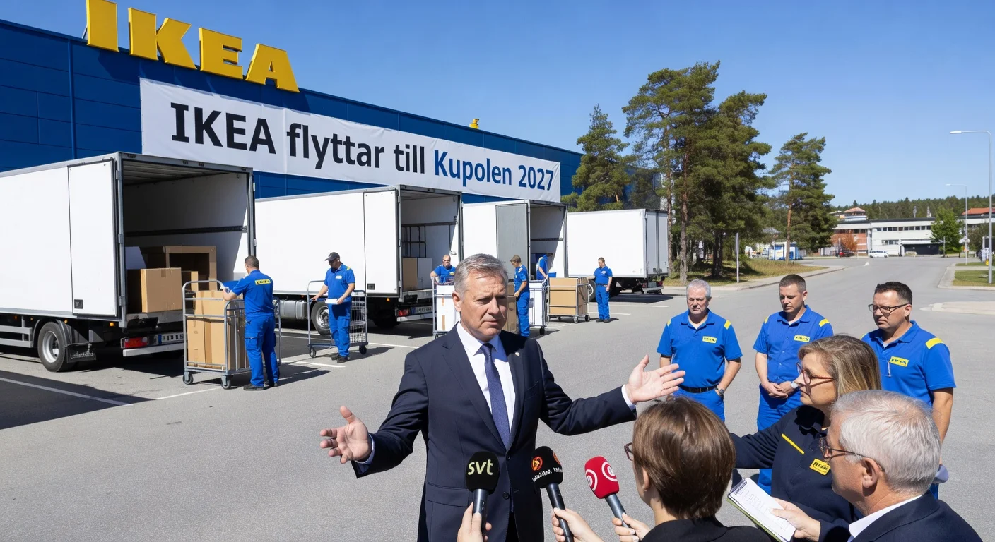 Illustration of IKEA Borlänge store relocation to Kupolen, featuring moving trucks, employees, and disappointed municipal chairman Erik Nises addressing press.