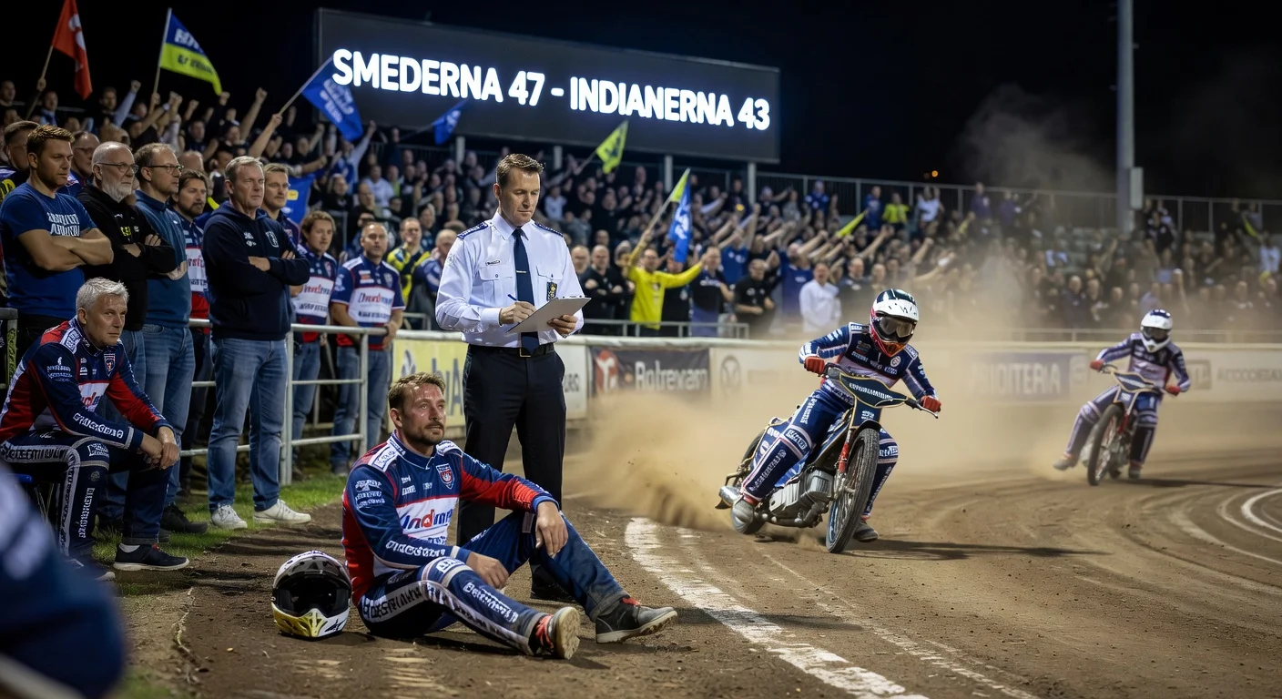 Illustration of Indianerna's 47-43 speedway loss to Smederna, featuring struggling rider Rasmus Karlsson and tense race atmosphere.