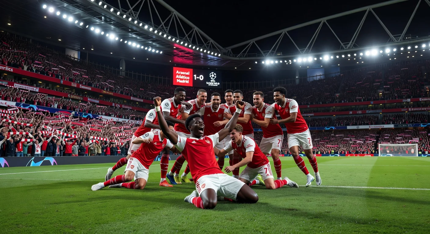 Bukayo Saka celebrates scoring the decisive goal as Arsenal defeats Atlético Madrid 1-0 (2-1 aggregate) in Champions League semi-final at Emirates Stadium.