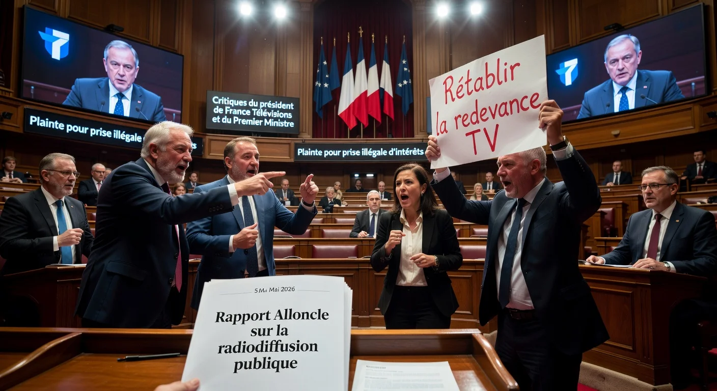Illustration depicting heated controversy in French National Assembly over Alloncle's public broadcasting report, with political criticisms and proposals.