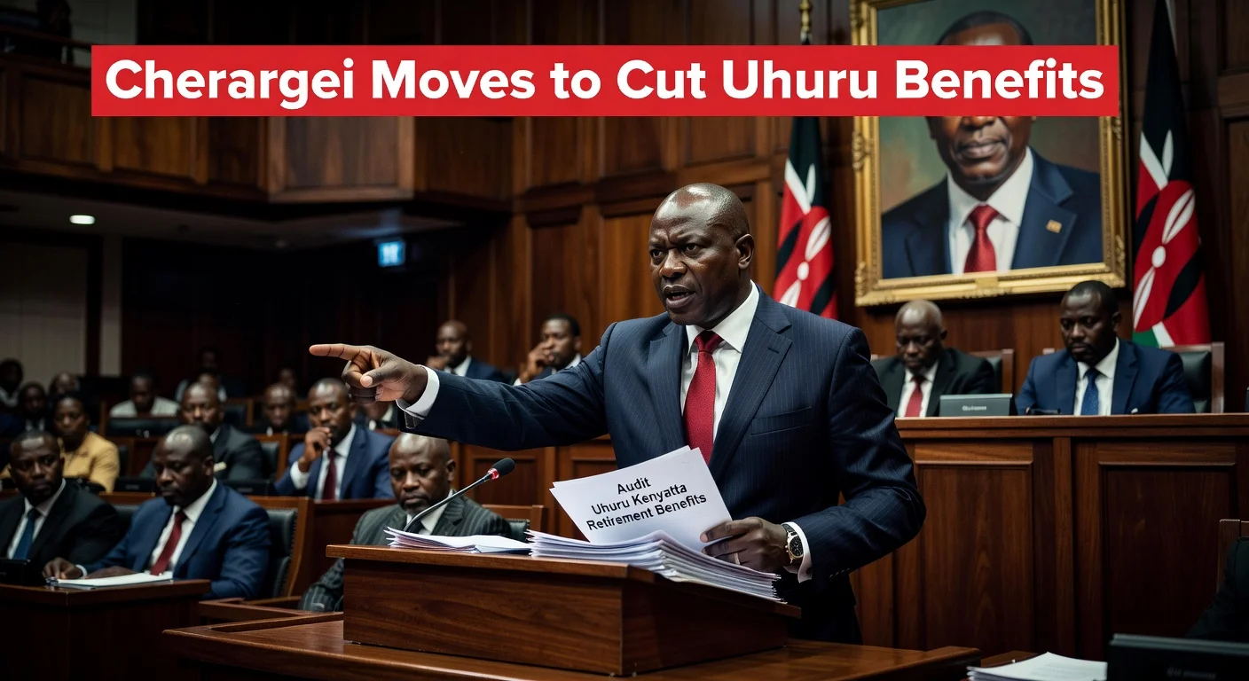 Kenyan Senator Samson Cherargei tabling Senate motion to audit and reduce former President Uhuru Kenyatta's retirement benefits amid political backlash.
