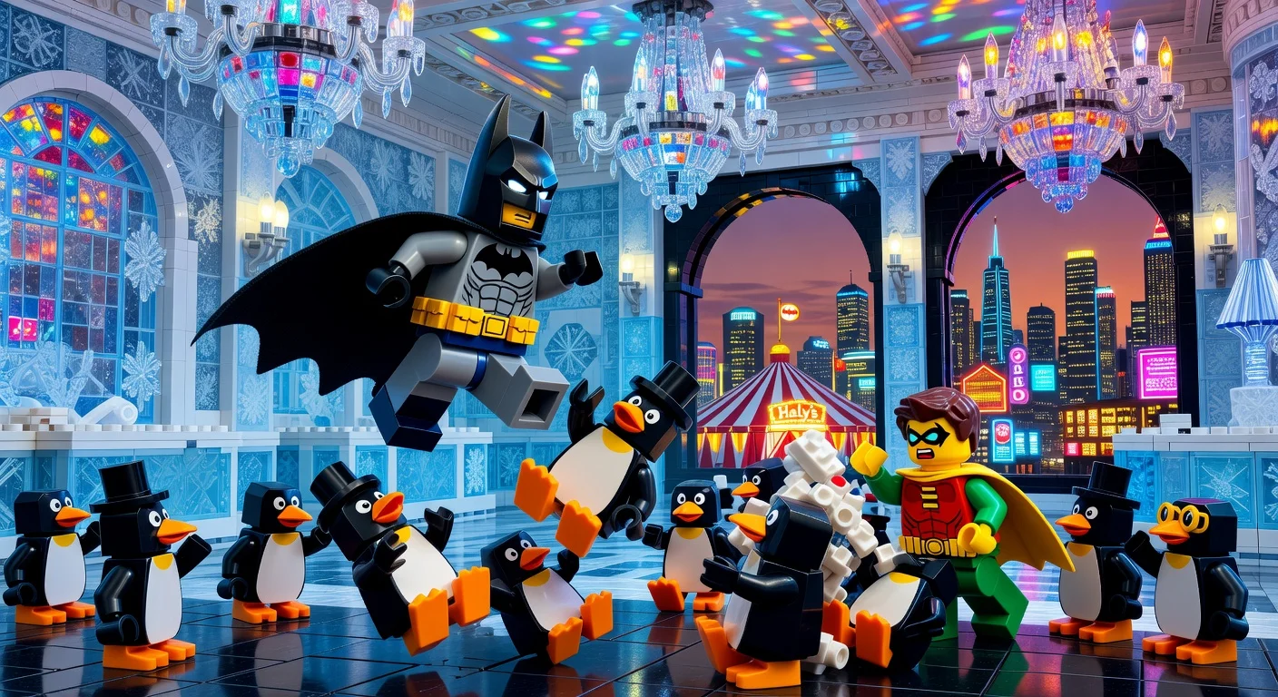 Dynamic preview illustration of Lego Batman: Legacy of the Dark Knight, showcasing Arkham combat in Iceberg Lounge with co-op elements.
