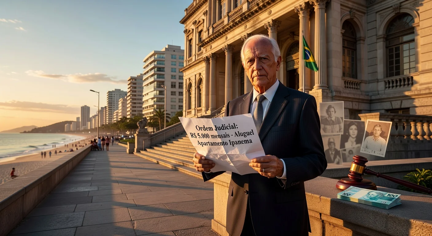 Illustration of actor Stênio Garcia exiting court after ruling favoring him in family dispute over Ipanema apartment usufruct rights.
