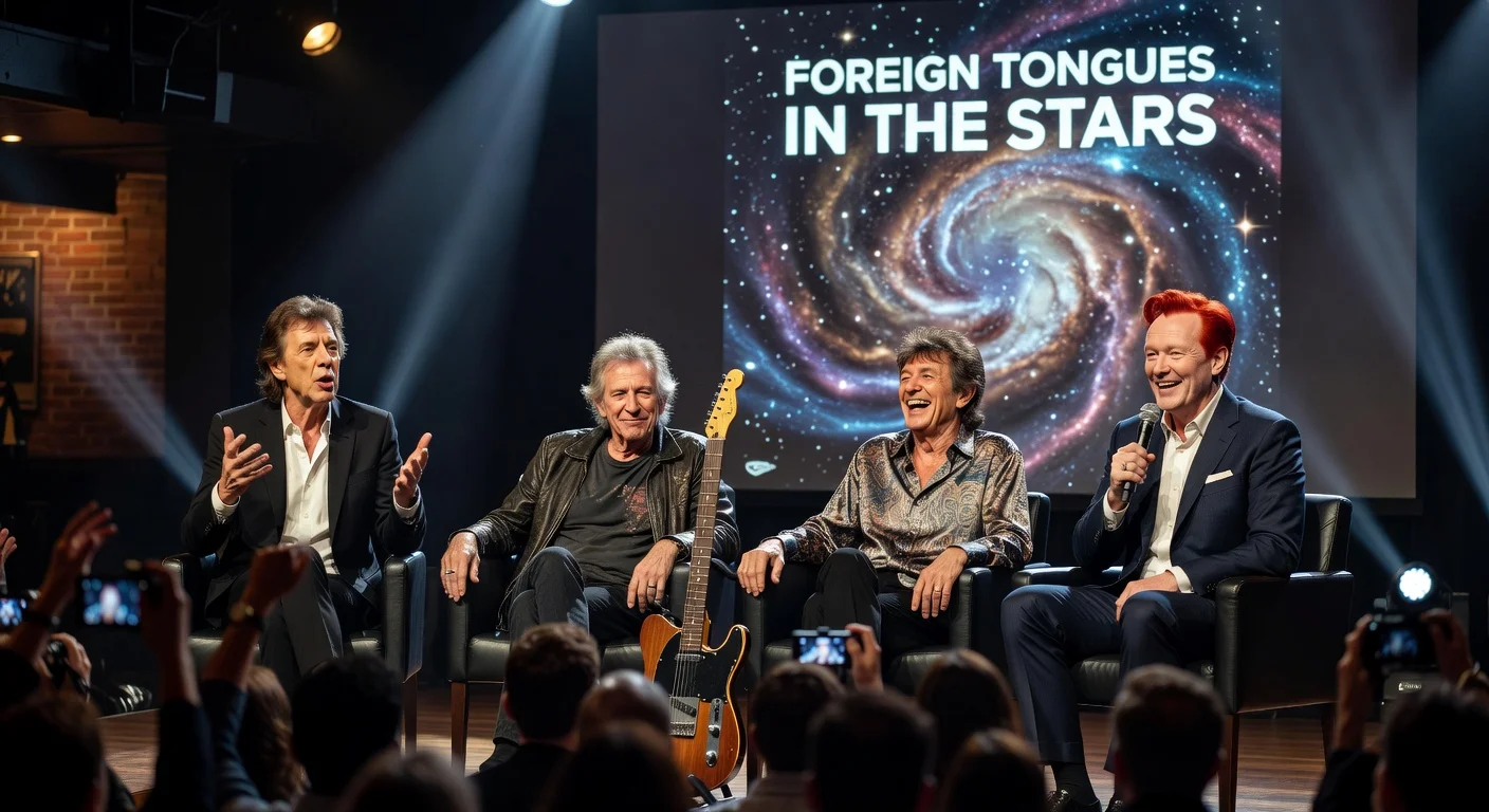 Rolling Stones' Mick Jagger, Keith Richards, Ronnie Wood with Conan O'Brien at 'Foreign Tongues' album launch panel in Brooklyn.