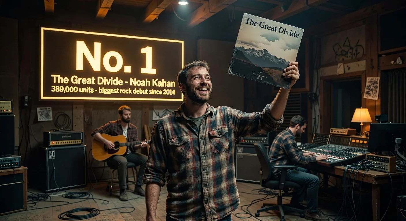 Noah Kahan celebrates his No. 1 Billboard 200 debut album 'The Great Divide' amid recording studio triumph.