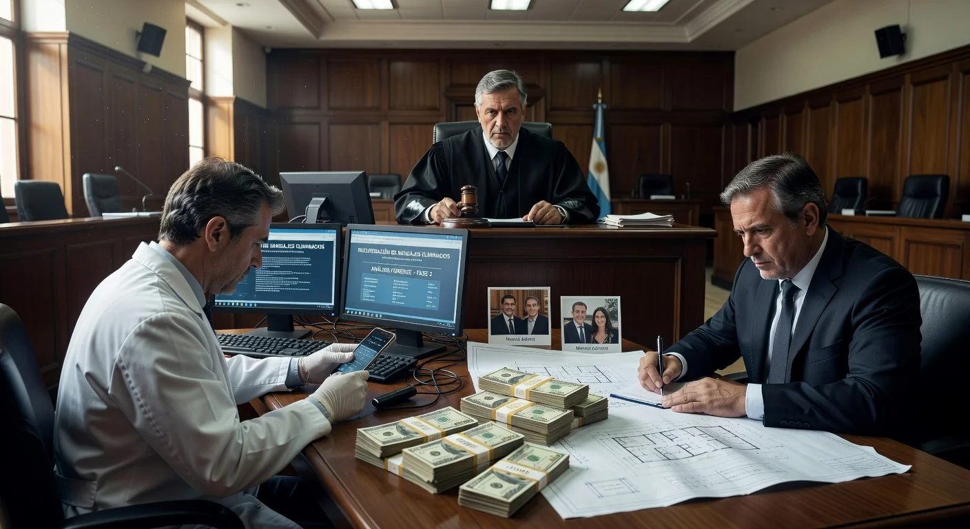 Illustration of judge ordering forensic phone exam in Adorni's cash scandal case, featuring courtroom analysis of cellphone amid cash stacks and blueprints.