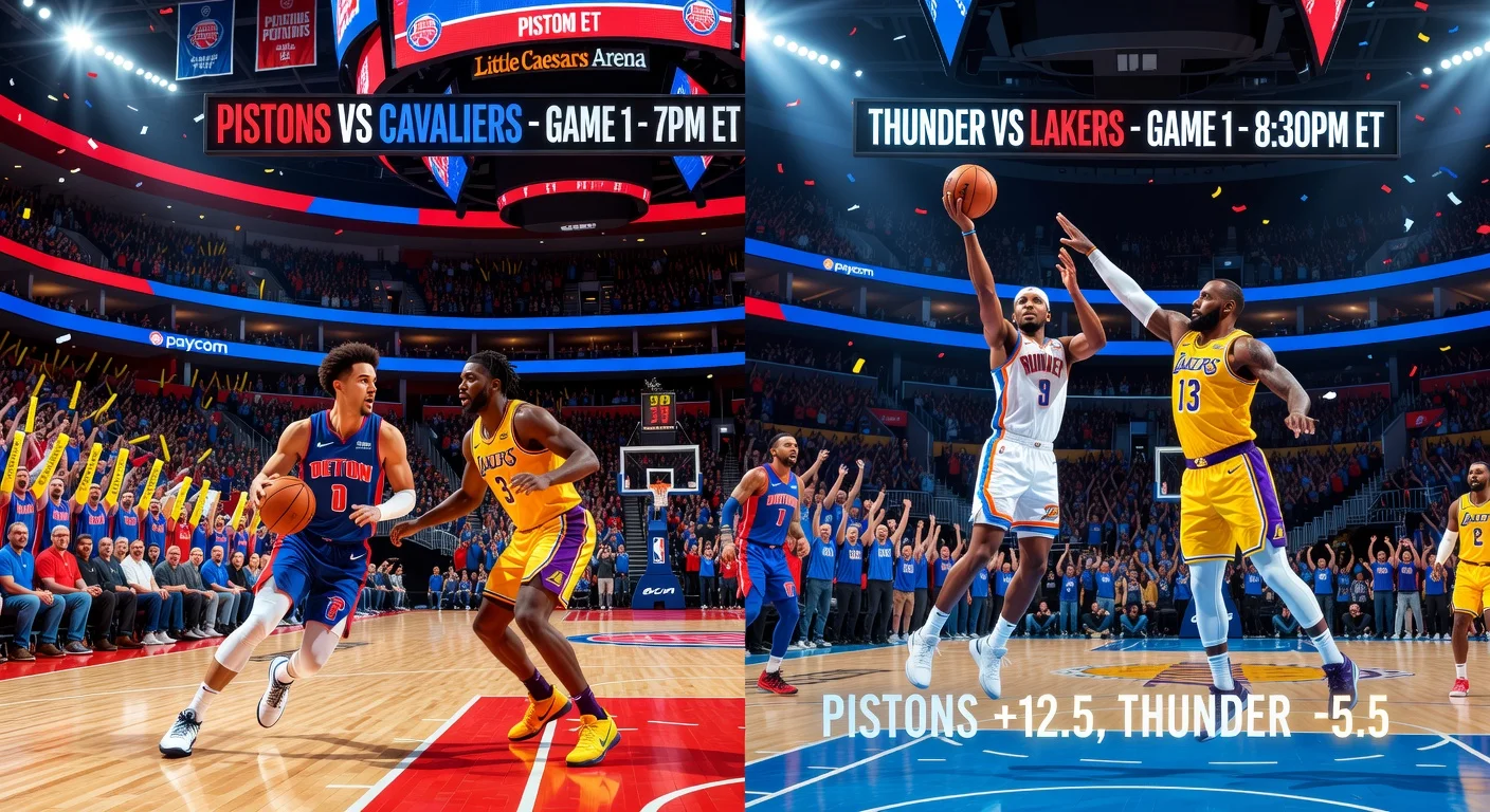 Dynamic split-image illustration of NBA playoff Game 1s: Pistons hosting Cavaliers at Little Caesars Arena and Thunder hosting Lakers at Paycom Center, highlighting key players and arena excitement.