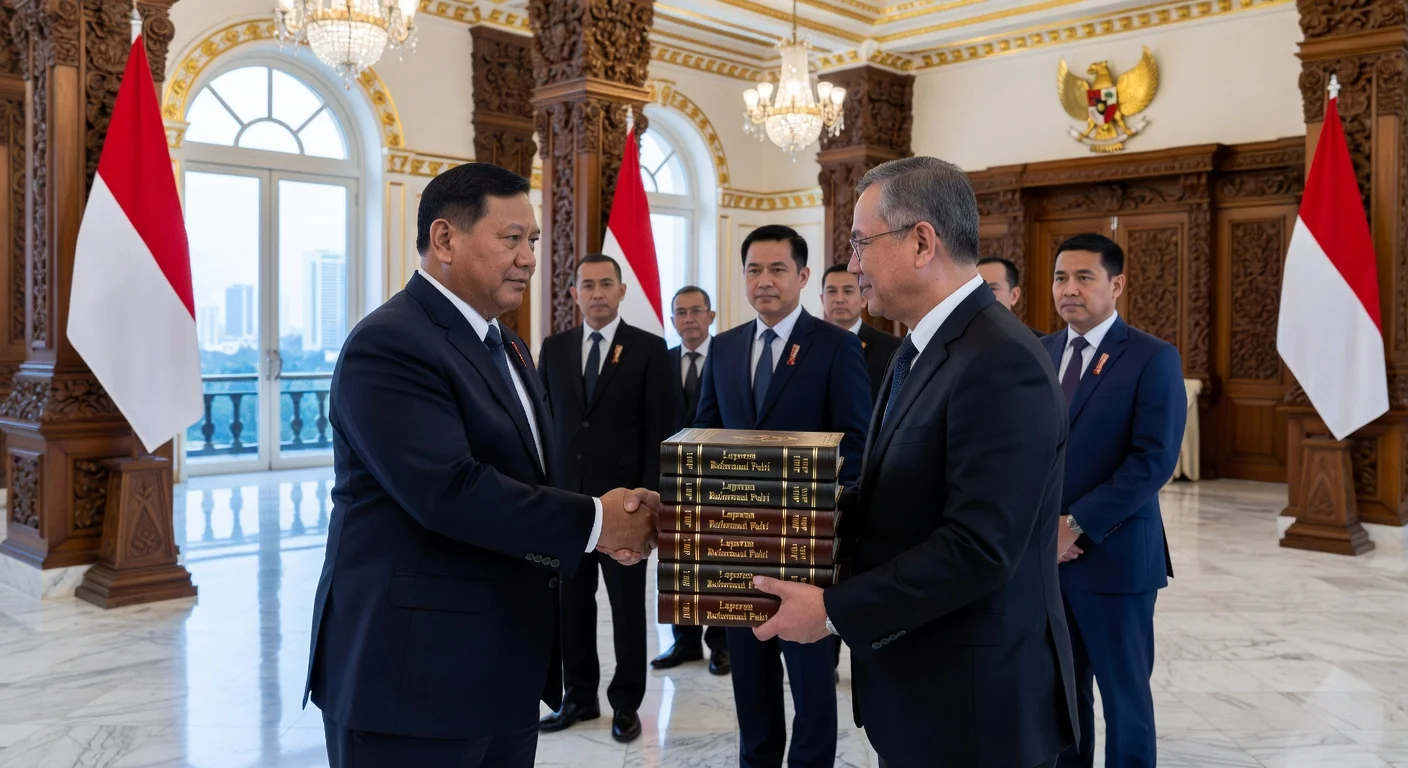 President Prabowo Subianto receives 7-volume Polri reform report from commission at Istana Merdeka, Jakarta.