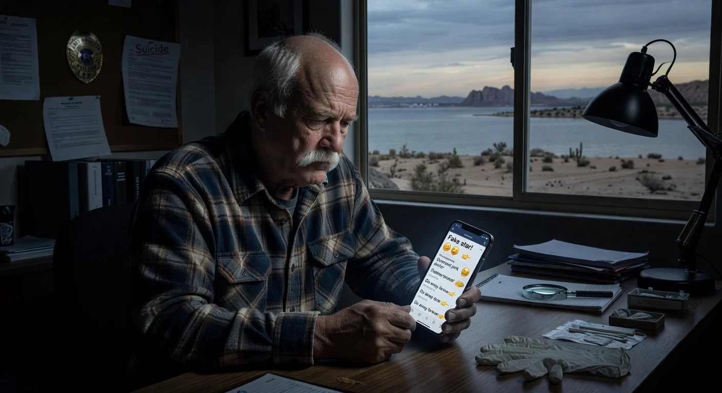Somber illustration of Storage Wars' Darrell Sheets with cellphone amid suicide ruling and cyberbullying investigation.