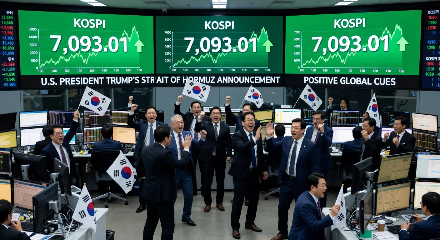 Korea Exchange trading floor celebrates as KOSPI hits record 7,093.01 at open, first time above 7,000.