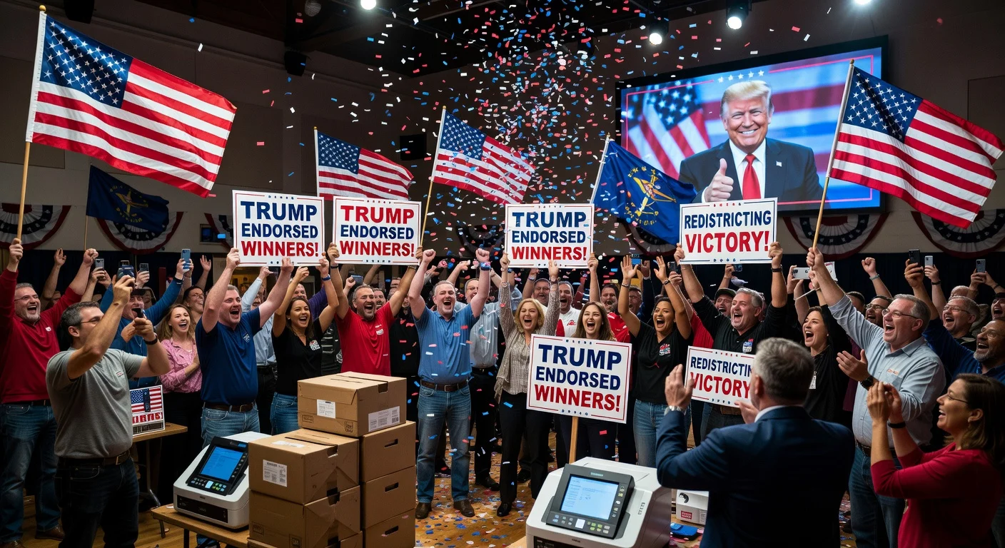 Election night scene of Trump-backed challengers celebrating defeats of Indiana GOP senators in primaries linked to redistricting fight.