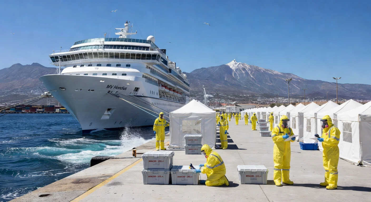 Photorealistic image of the MV Hondius cruise ship arriving at Tenerife port with medical teams in protective gear, for a news article on the hantavirus response.