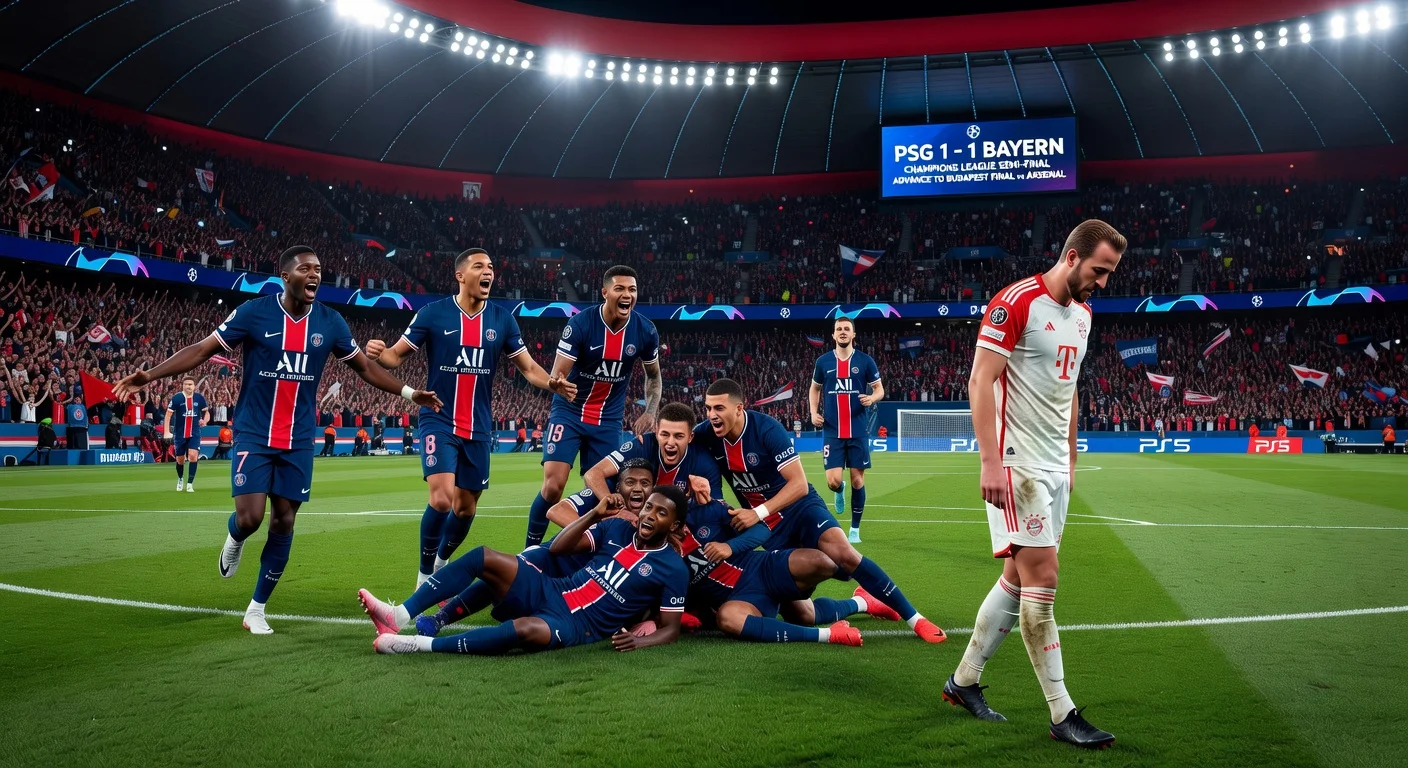 PSG players celebrating advancement to Champions League final after drawing with Bayern Munich