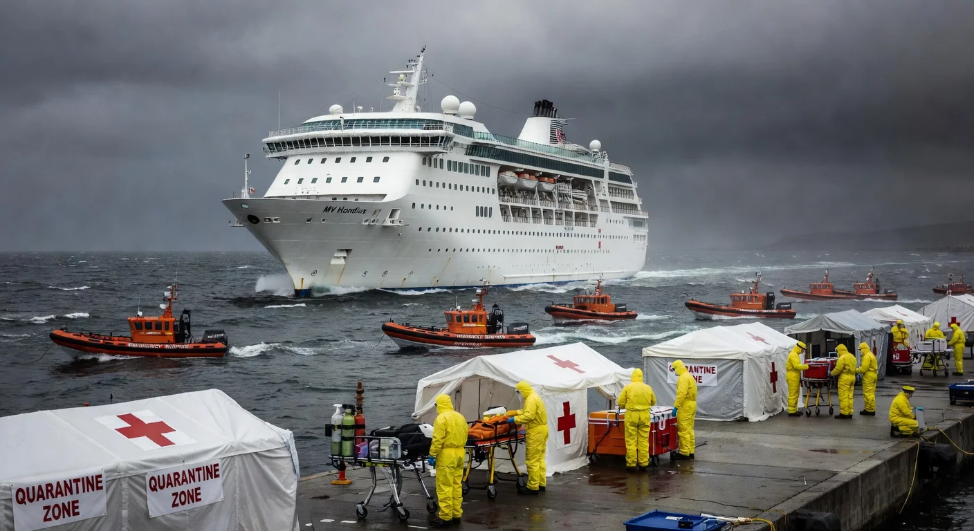 Photorealistic illustration of the MV Hondius cruise ship nearing Tenerife with emergency teams preparing evacuations amid a hantavirus outbreak.