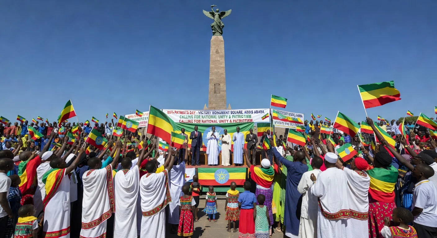 Crowd gathered at Victory Monument Square in Addis Ababa celebrating Ethiopia's Patriots Day with flags and patriotic speeches.