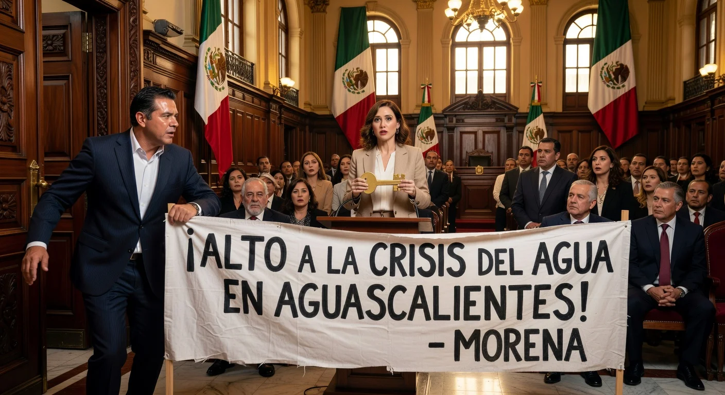A Morena councilor interrupting Isabel Díaz Ayuso's key handover ceremony in protest over water shortage in Aguascalientes.