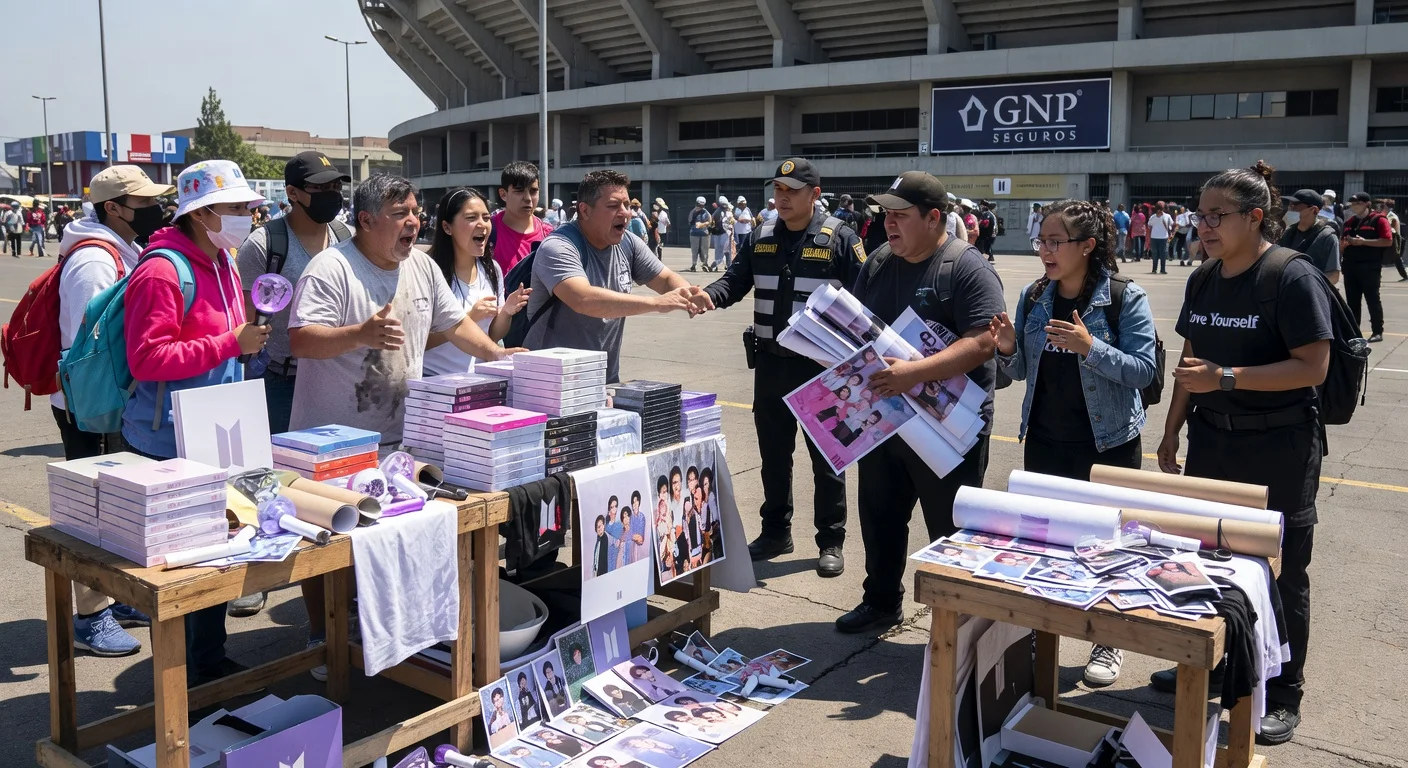 Crowd of BTS fans confronting resellers at merchandise stands outside a stadium in Mexico City, showing chaos and tension.
