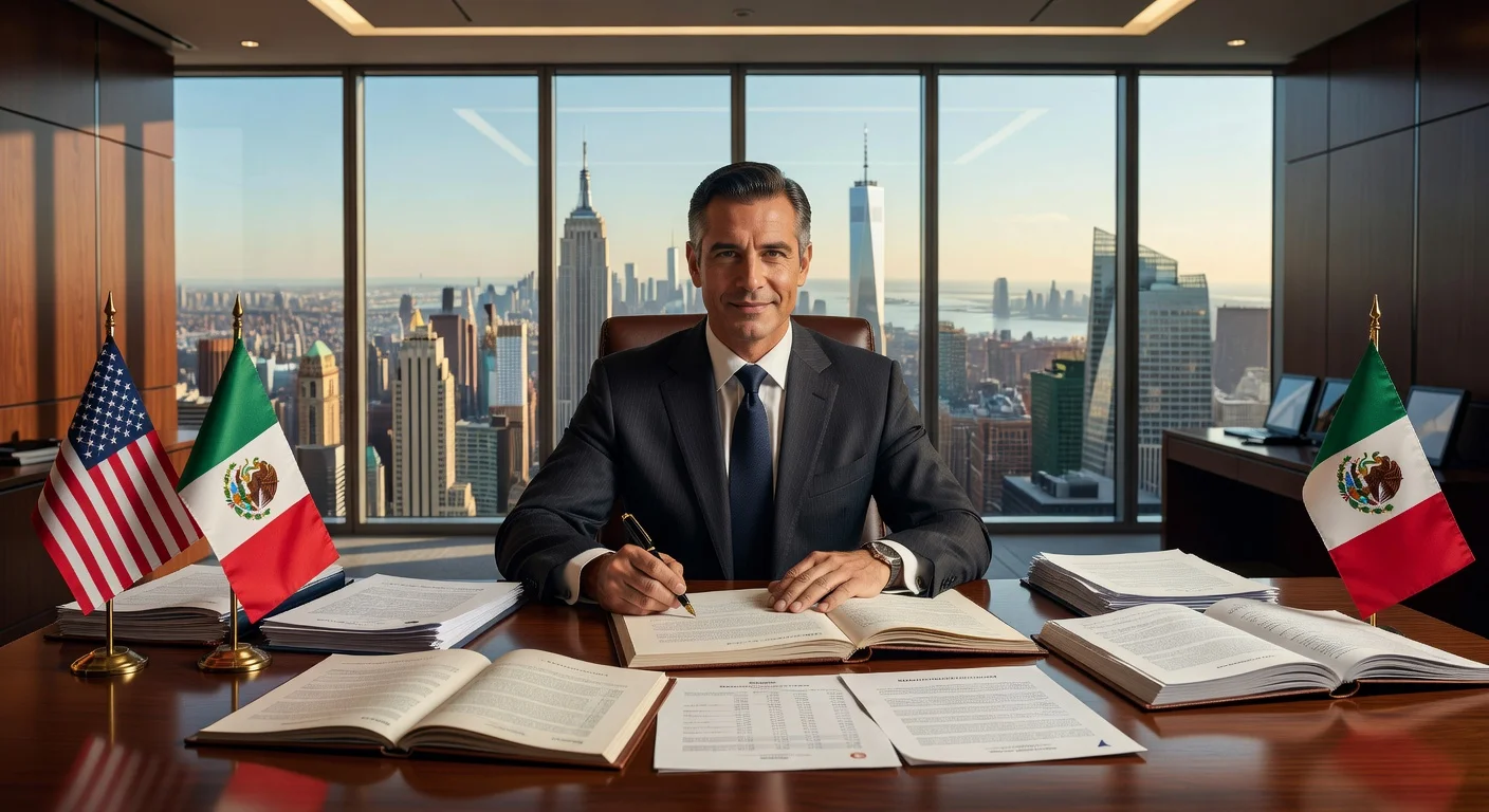 Mexican executive signing a 2 billion dollar bond contract in a New York office, symbolizing Cox's US issuance after acquiring Iberdrola's Mexican assets.