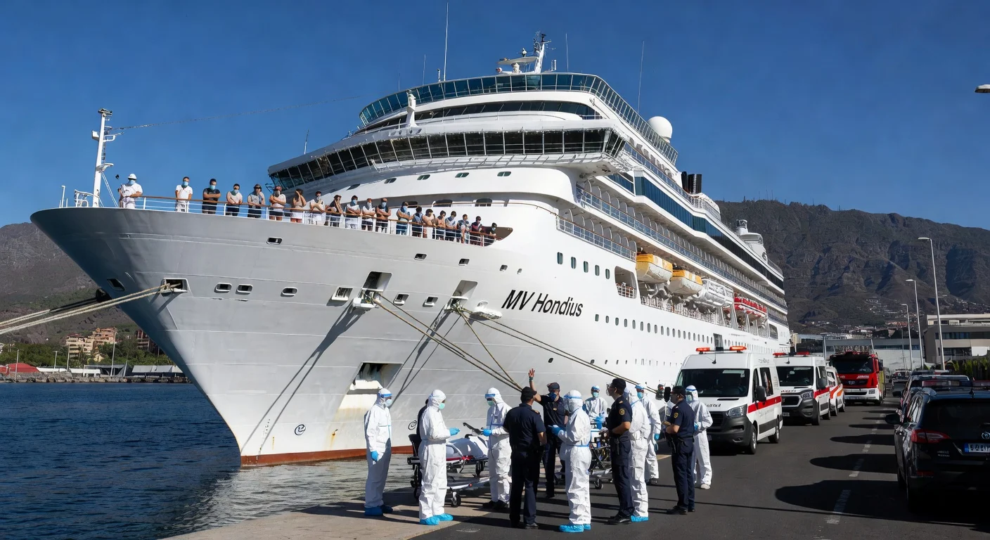 Photorealistic depiction of the MV Hondius cruise ship docking in Tenerife for passenger evacuations due to hantavirus.