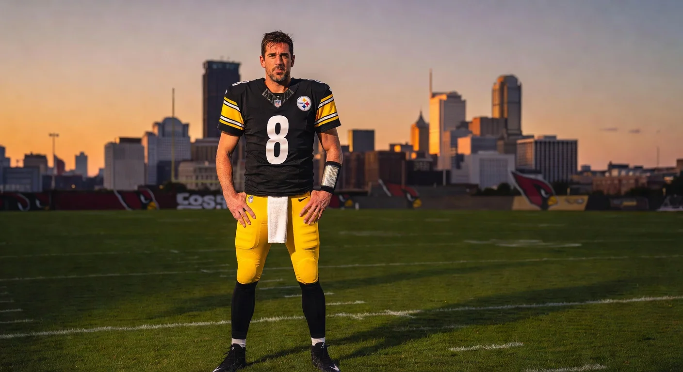Illustration of Aaron Rodgers likely returning to the Pittsburgh Steelers, with Pittsburgh skyline and subtle Cardinals reference.