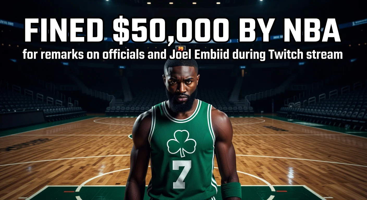 Realistic illustration of Jaylen Brown receiving a $50,000 NBA fine for comments on officials.