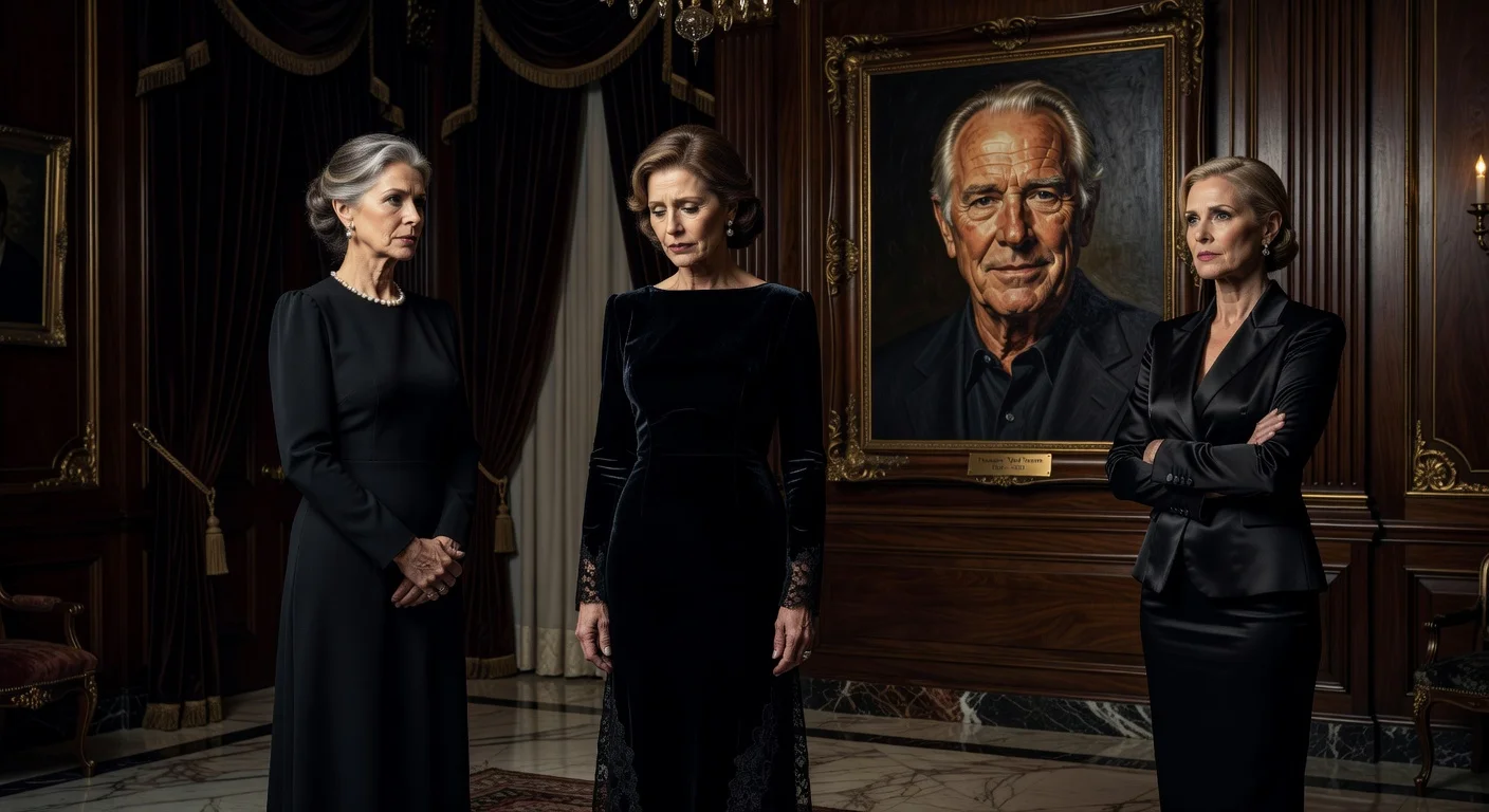 Realistic depiction of Jane Fonda and Ted Turner's other ex-wives in mourning attire before his memorial portrait, for a news article.