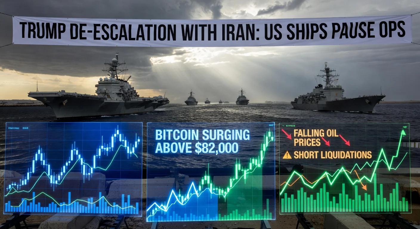 Illustration of Bitcoin price surge amid US-Iran de-escalation, showing rising crypto charts, pausing ships in Hormuz strait, and falling oil prices.