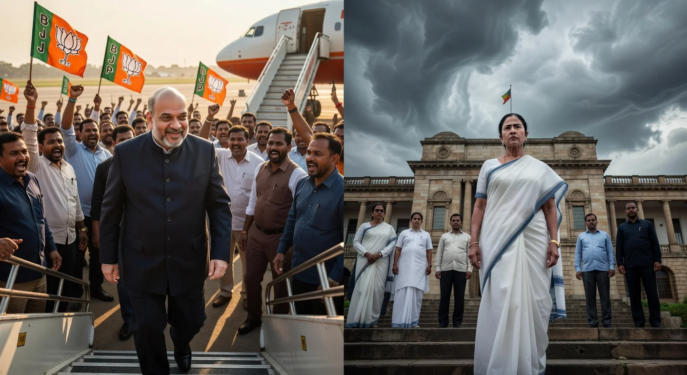 Split scene of Amit Shah arriving in Kolkata amid BJP celebrations contrasted with Mamata Banerjee refusing to resign after election results.