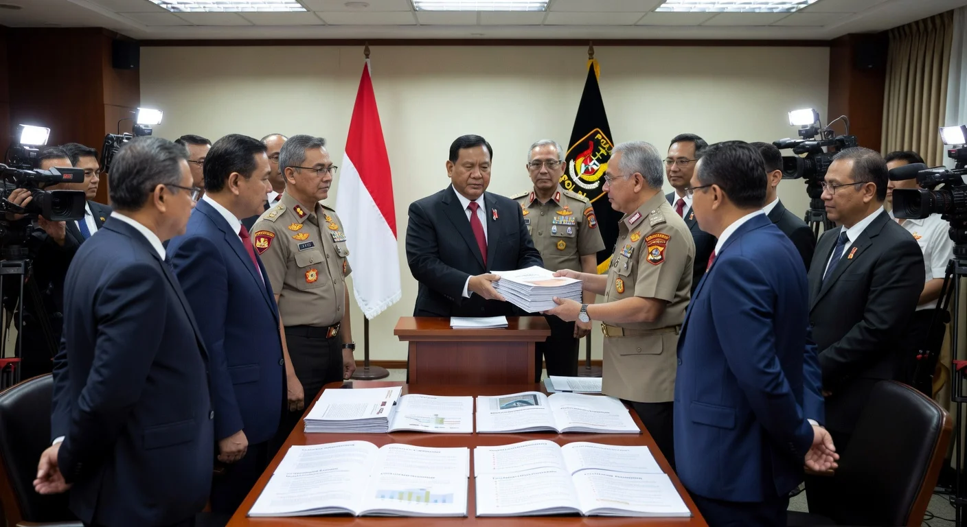 President Prabowo Subianto receiving a multi-volume report from KPRP officials at a Polri reform press conference in South Jakarta, with police and officials present.