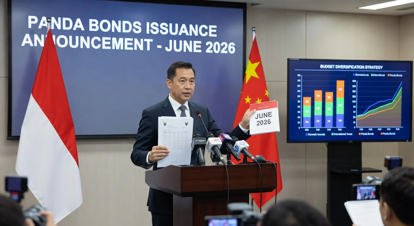 Finance Minister Purbaya announcing panda bond issuance with flags and financial symbols