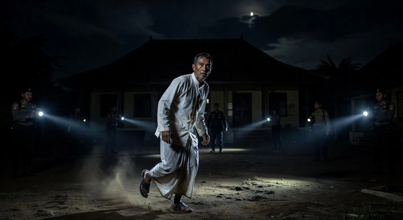 Illustration of Kiai Ashari fleeing from the pesantren in Pati while being pursued by police.