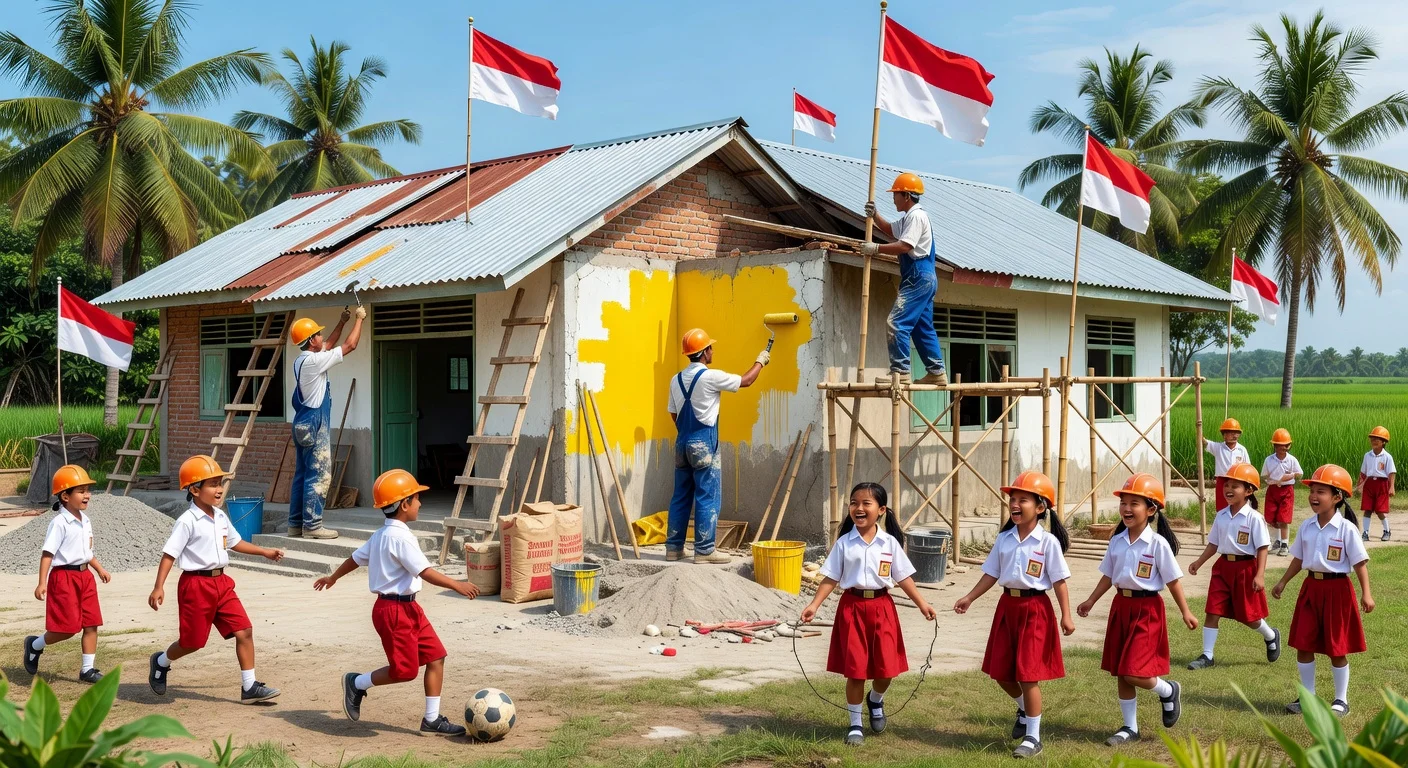 Illustration of workers renovating a rural Indonesian school with children playing nearby, representing the government's revitalization program.