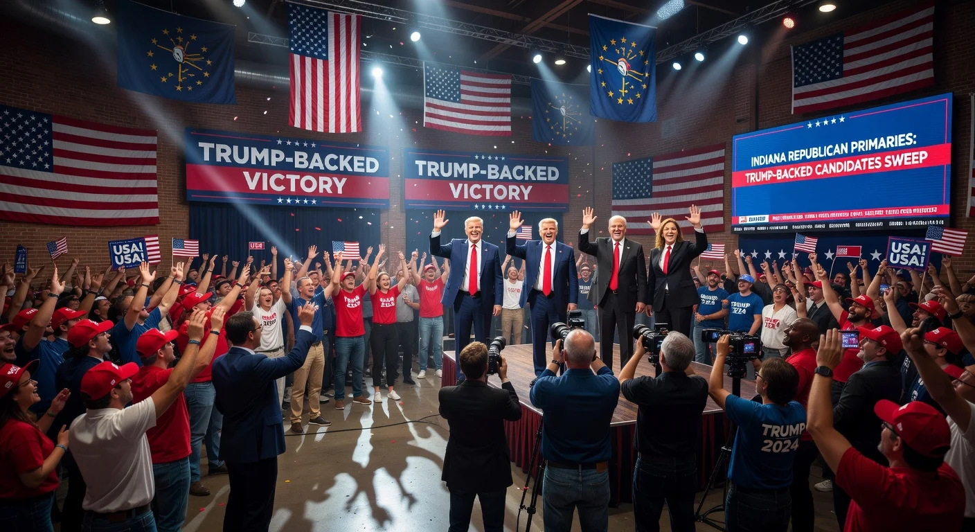 Photorealistic scene of Trump-backed Republicans celebrating Indiana primary wins with flags and supporters.