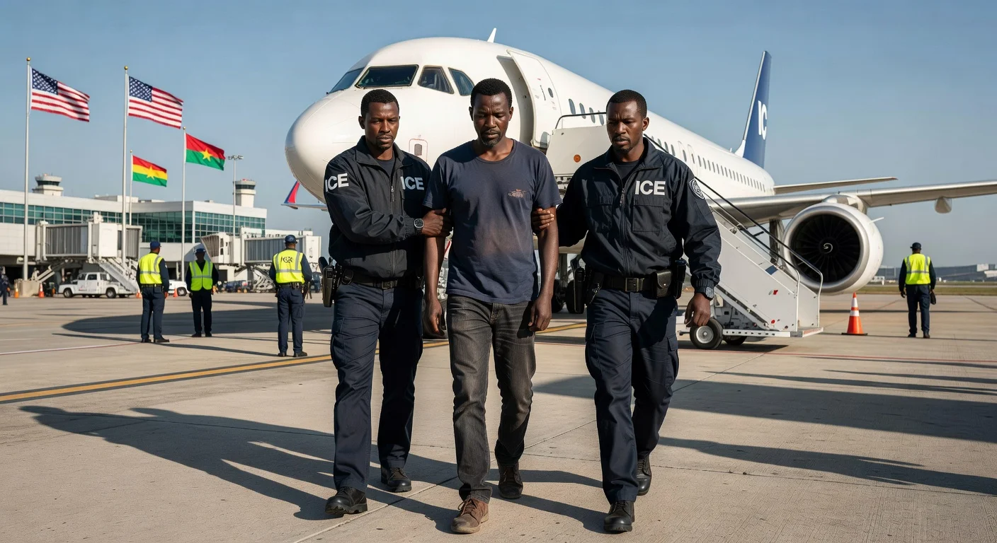 Illustration of a Burkinabe man being deported by ICE agents at an airport.