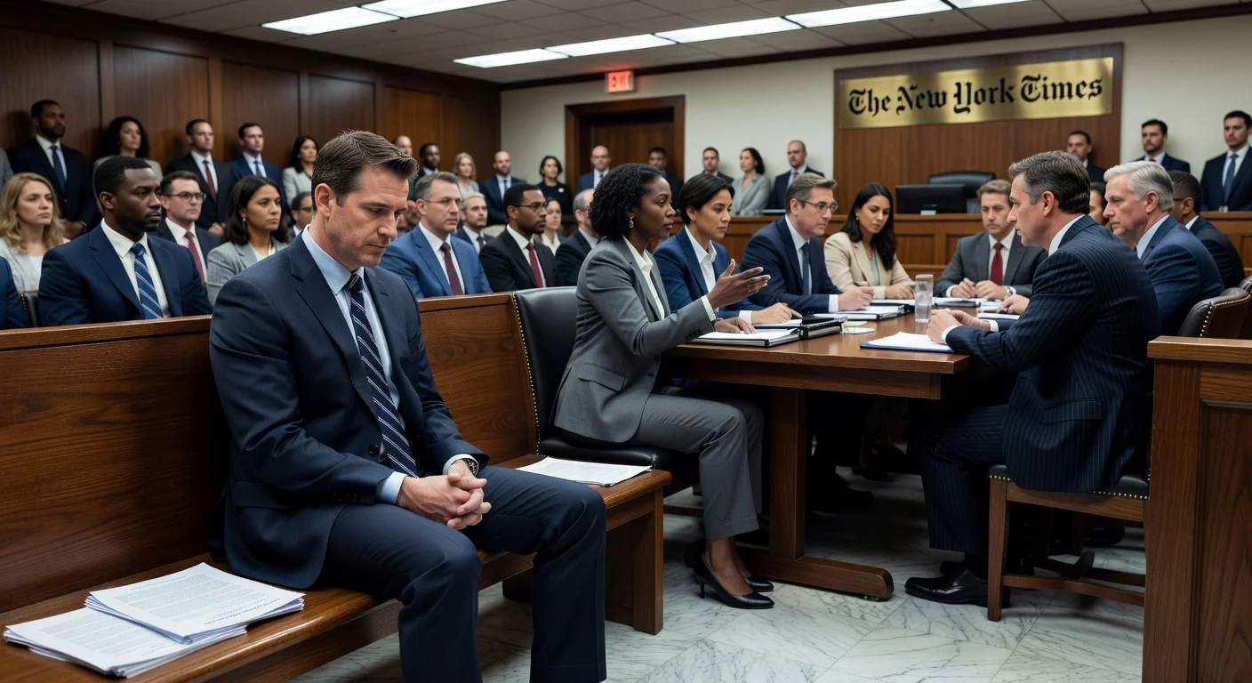 Courtroom illustration of EEOC suing The New York Times for alleged race and sex discrimination in a 2025 promotion decision involving a white male employee.