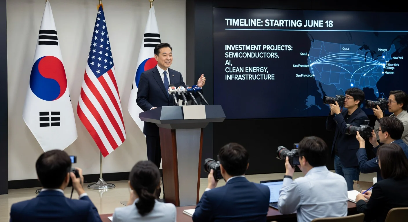 South Korean minister announcing $350 billion US investment at press conference with flags and economic graphics