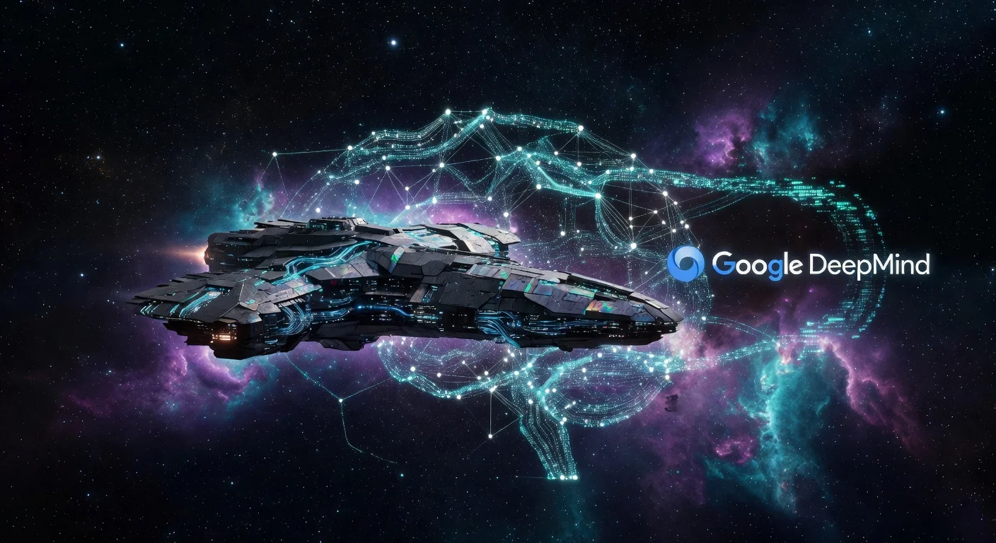 Illustration of an Eve Online spaceship with AI neural networks and DeepMind logo in space, for article on DeepMind's stake in the game's developer.