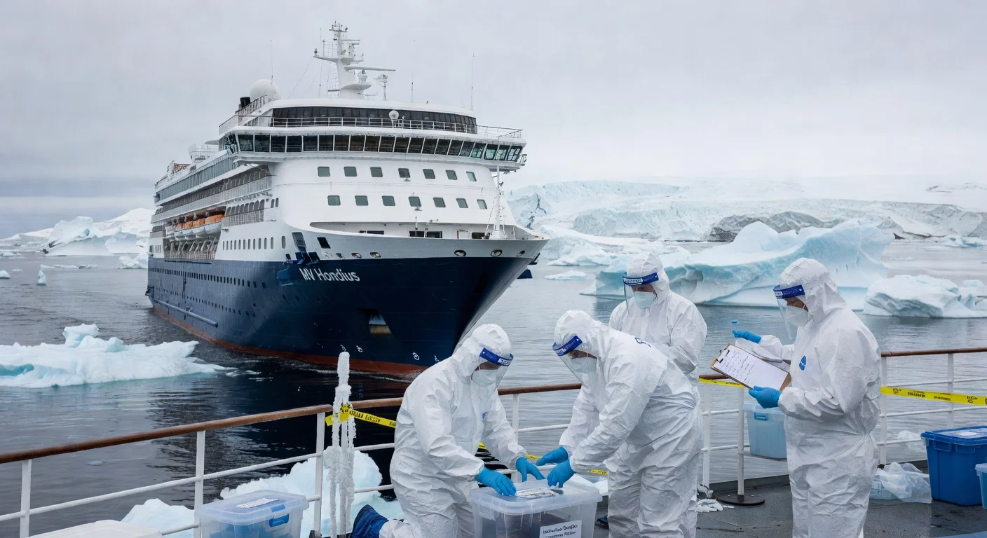 Illustration of the MV Hondius cruise ship during a controlled hantavirus outbreak response.