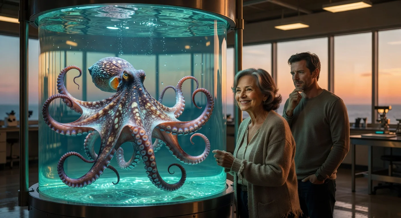 Photorealistic scene from the Netflix film Remarkably Bright Creatures showing Sally Field and Lewis Pullman with an octopus in an aquarium.