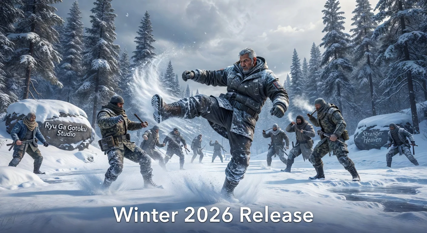 Illustration of a combat scene from Stranger Than Heaven game announcing its winter 2026 release on multiple platforms.