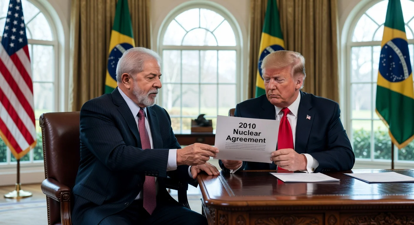 Brazilian President Lula handing the 2010 nuclear agreement to Donald Trump at the White House