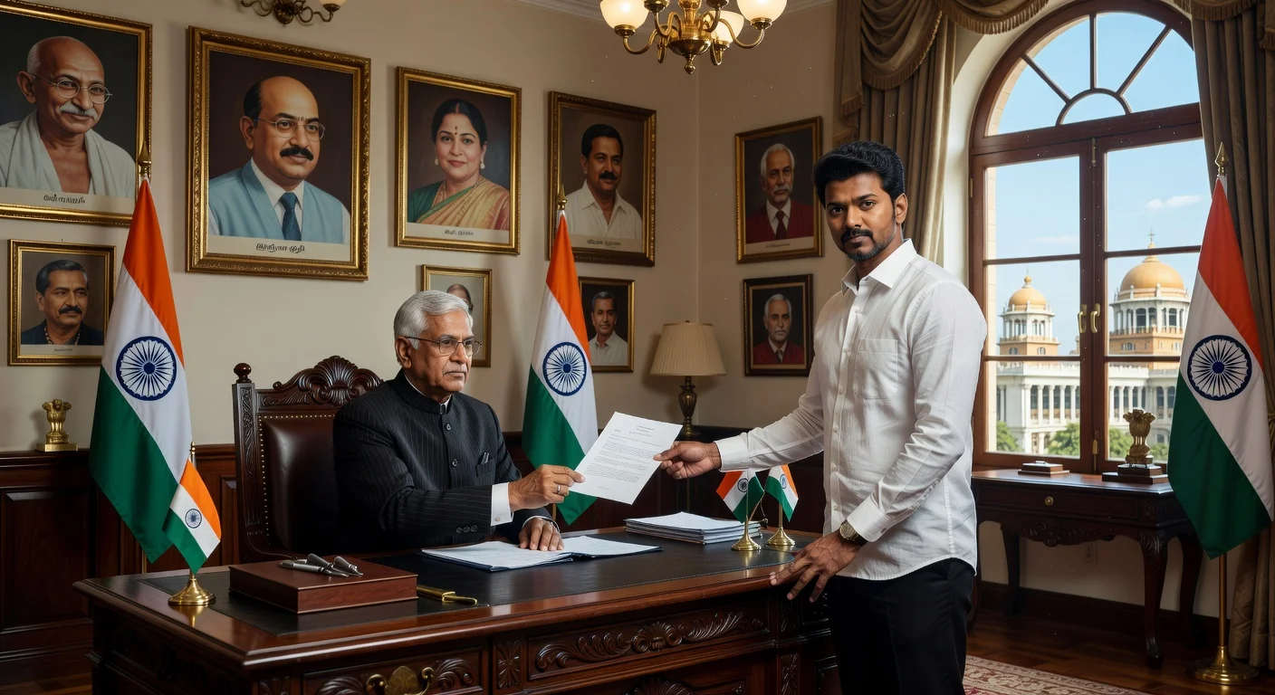Tamil Nadu Governor Rajendra Arlekar demanding proof of majority support from Vijay of TVK in a formal office setting after assembly polls.